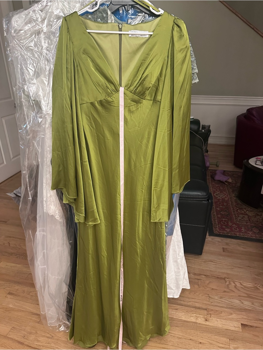 Mac Duggal Olive Green V-Neck Flowing Gown